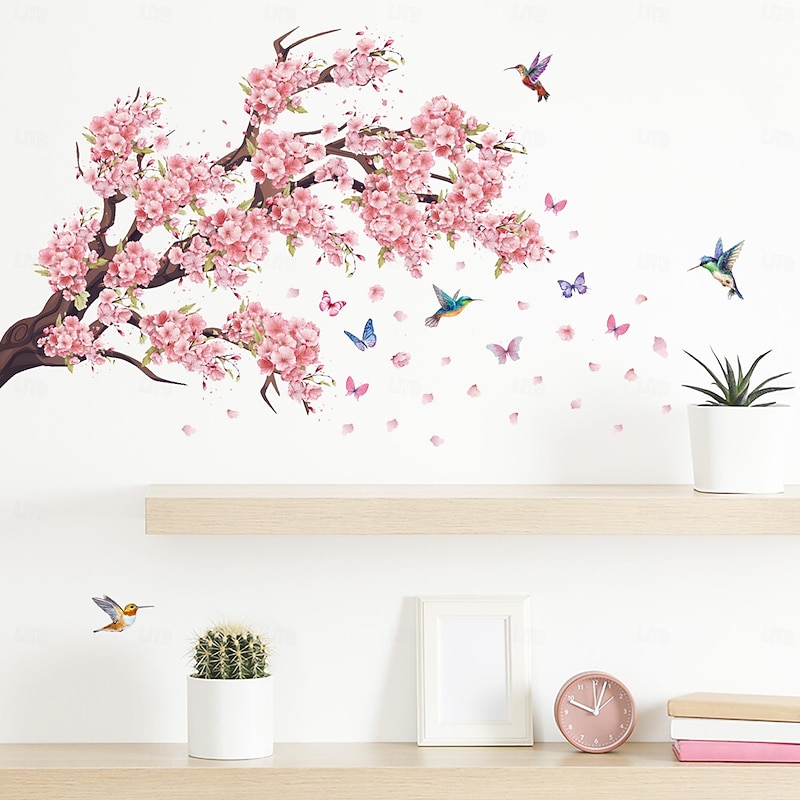 Pink Branch Birds Butterflies Wall Sticker Art Decals Removable Living Room Bedroom Study Home Background Decorative Stickers3