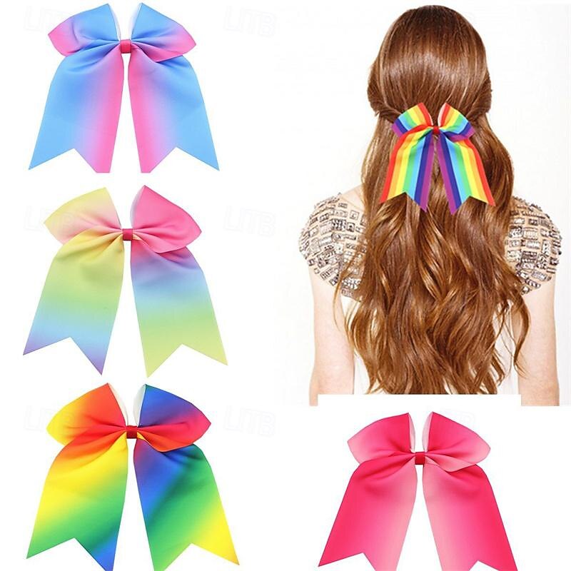 4PCS Pride Bow Leather Band Hair Loop Thread Band Large Swallowtail Gradient Rainbow Ribbon Headwear