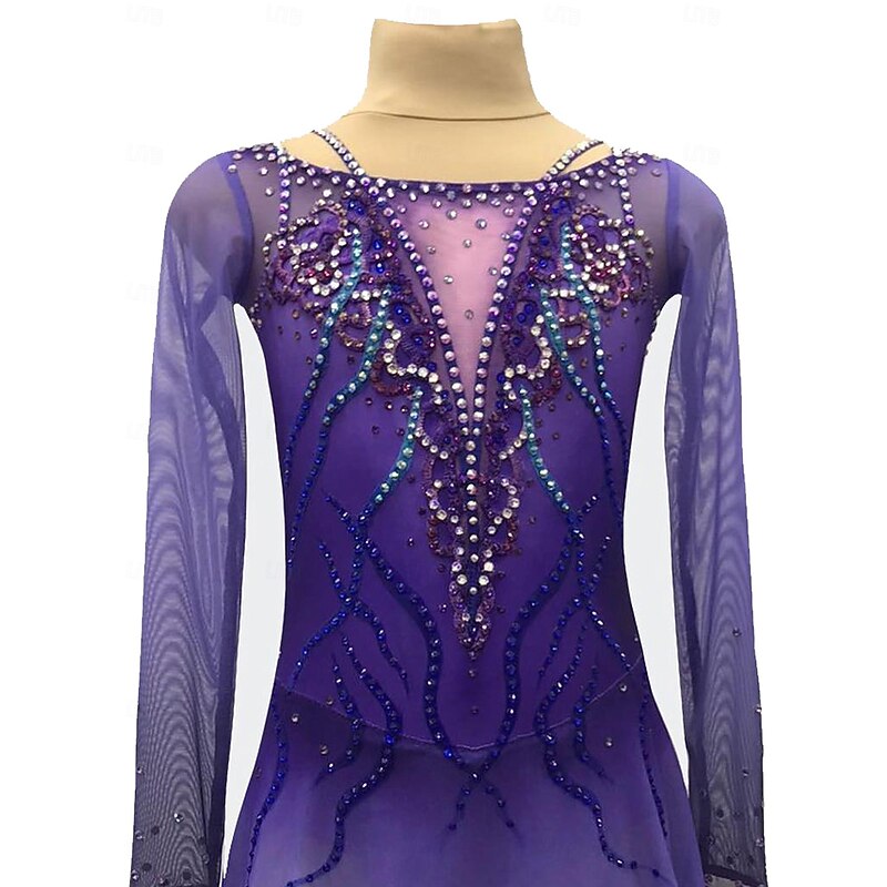 Figure Skating Dress Women's Girls' Ice Skating Dress Violet Patchwork Thumbhole Mesh Spandex Stretchy Training Practice Professional Skating Wear Crystal / Rhinestone Long Sleeve Ice Skating Figure4