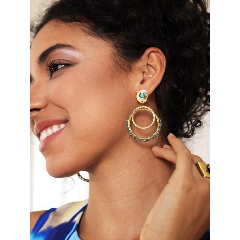 Women's Turquoise Beaded Hoop Earrings - Elegant Gold-Tone Drop Dangle Jewelry2