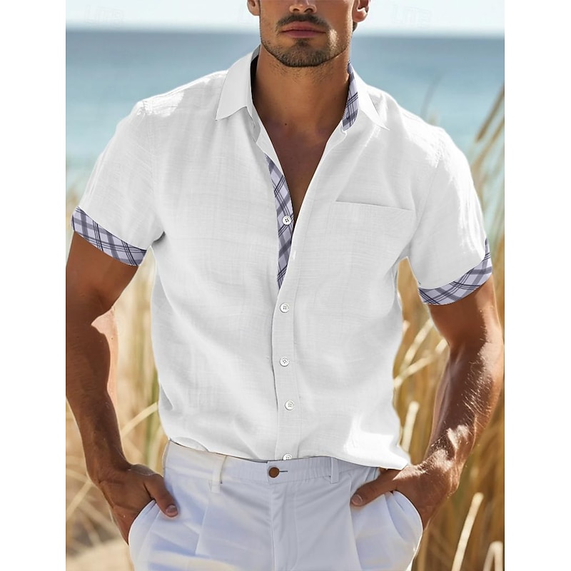 Men's Shirt Linen Shirt Summer Shirt Beach Wear Button Up Shirt Plain Vacation Curise White Blue Blue Khaki Short Sleeve Collar Summer Spring Clothing Apparel4