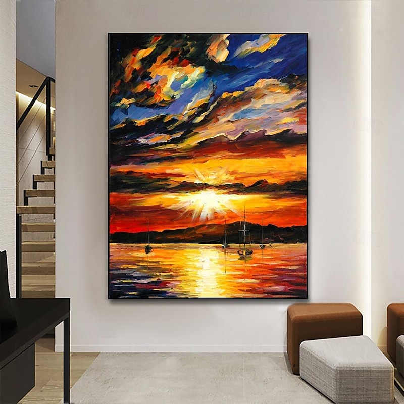 Handmade Oil Painting Canvas Wall Art Decoration Abstract Ocean Sunset Glow Landscape for Home Decor Rolled Frameless Unstretched Painting - Main Image