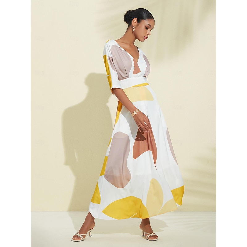 Satin Pocket Floral V Neck Maxi Dress