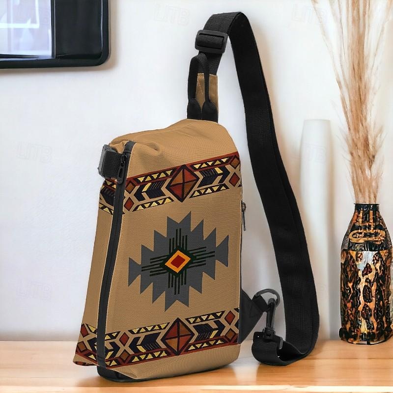 Men's Crossbody Bag Shoulder Bag Chest Bag Polyester Outdoor Daily Holiday Zipper Print Large Capacity Lightweight Multi Carry National Totem Earth Yellow Grey