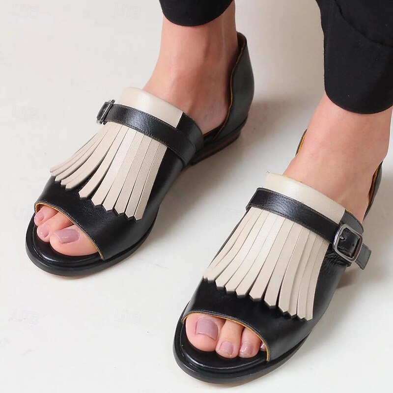 Women's Black and Beige Fringe Sandals – Open-Toe Faux Leather Flats with Adjustable Buckle for Casual and Summer Outfits