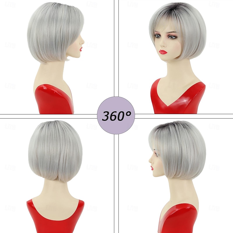 Short Ombre White Blonde Bob Wigs for White Women with Bangs Chin Length Layered Mixed Blonde Cute Straight Pixie Bob Wig Synthetic Natural Looking Daily Party Wig4