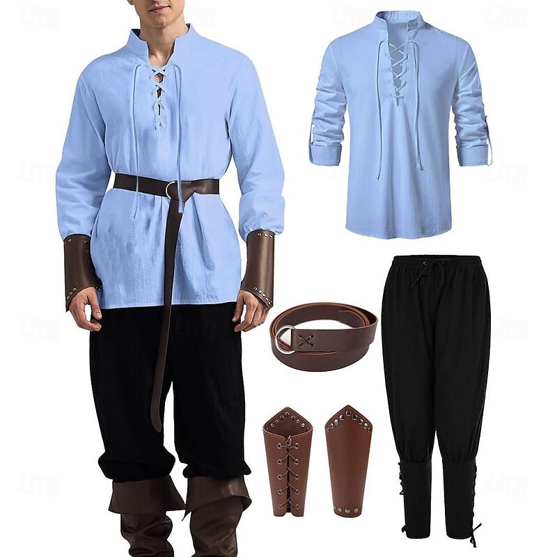 Medieval Renaissance 17th Century Armor Outfits Shirt Pirate Knight Ritter Viking Fancy Dress Men's Viking Fantasy Halloween Carnival Performance LARP Ren Faire Adults' Shirt Pants Waist Belt All2