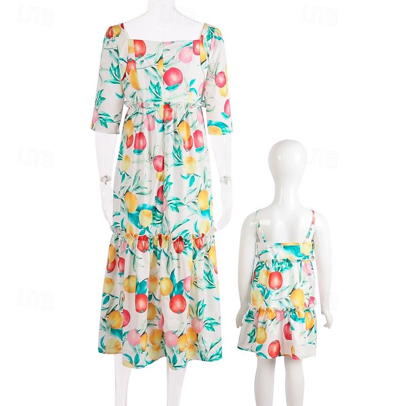 Mommy And Me Summer Dresses Cute Fruit Print Beach Dress Mom Mommy and Me Fashion Dress Family Matching Outfits2