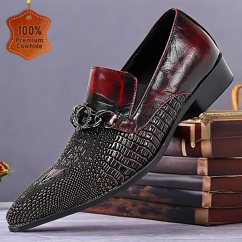 Luxurious Men's Red Leather Dress Loafers with Textured Detail and Chain Buckle - Main Image