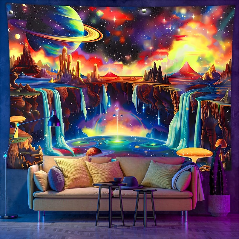Blacklight Tapestry UV Reactive Glow in the Dark Glow Party Neon Galaxy Universe Mushrooms Psychedelic Trippy Misty Hanging Tapestry Wall Art Mural for Living 5