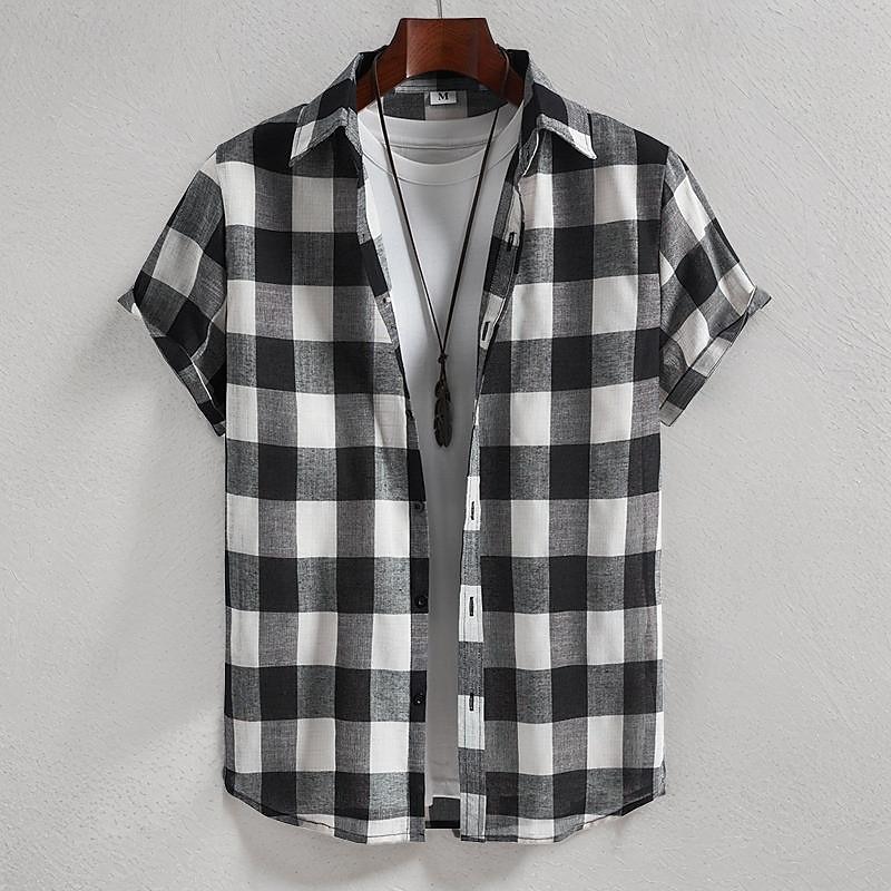 Men's Shirt Summer Shirt Casual Shirt Beach Shirt Button Up Shirt Checked Shirts Black Short Sleeve Plaid Turndown Vacation Hawaiian Clothing Apparel Polyester Fashion Casual Comfortable