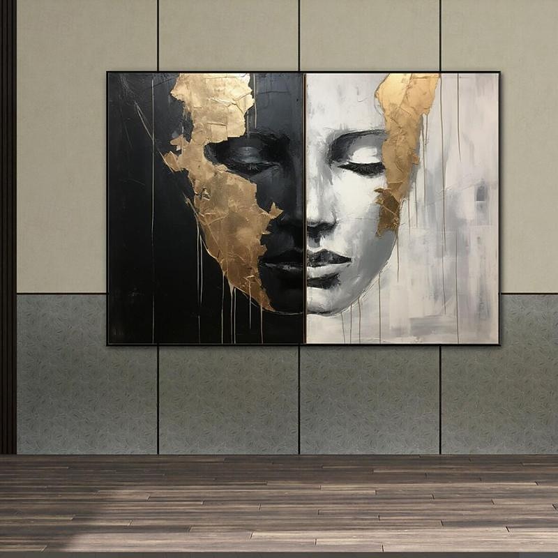 Hand-painted Abstract Girl Faces Paintings On Canvas Black White Painting Figurative Artwork Gold People Painting Minimalist Wall Art for Home Decor Stretched Frame Ready to Hang