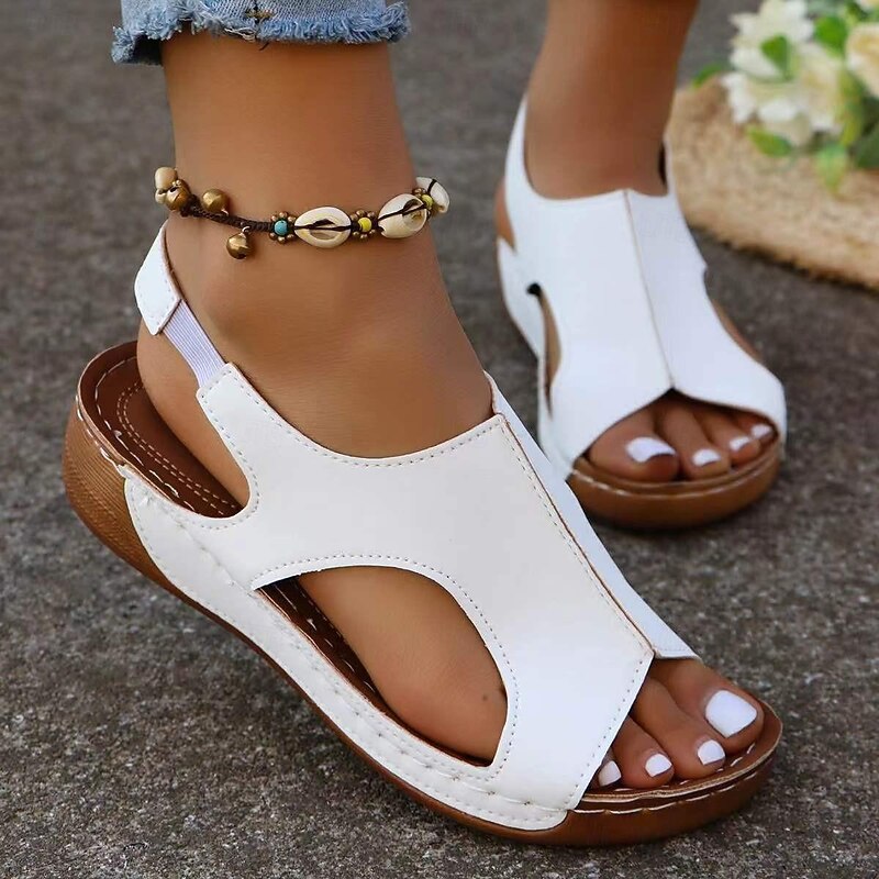 Women's Solid Color Wedge Heeled Sandals Casual Cutout Design Platform Shoes Comfortable Ankle Strap Sandals Green Brown Pink White Black Sandals