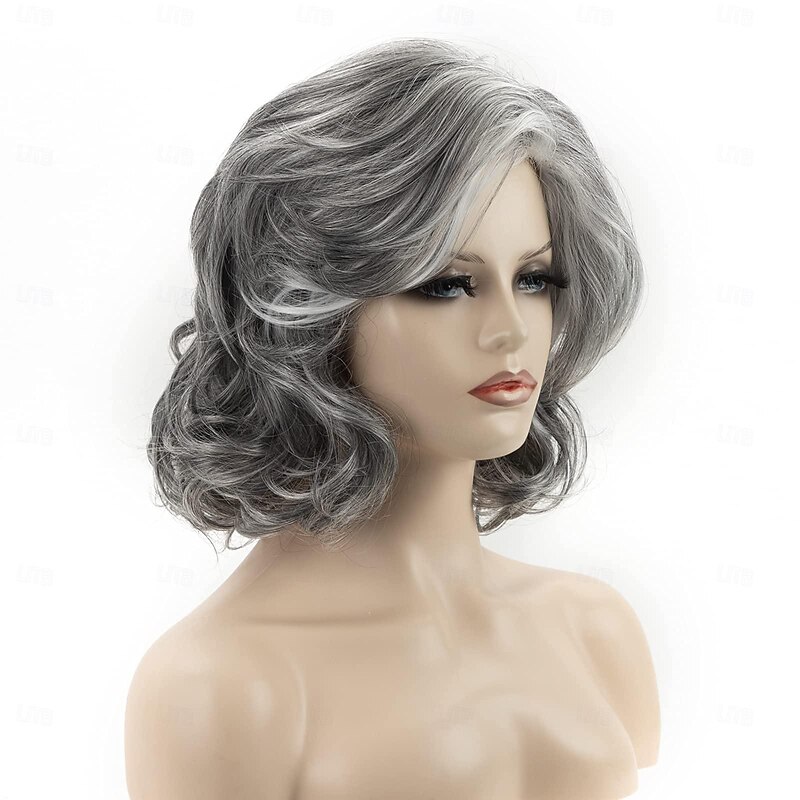 Grey Wig Short Grey Wavy Wigs for Women Mixed Gray Curly Synthetic Wig Mid-length Salt and Papper Wig Natural Daily Costume Old Lady Wig2