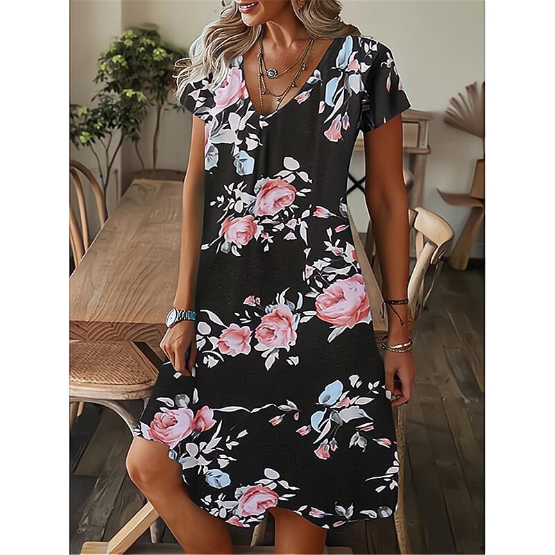 Women's Mini Dress Petite Dress Casual Dress Summer Dress Boho Dress Stylish Casual Vacation Daily Date Regular Fit Floral Short Sleeve V Neck Black White Royal Blue Green Summer2