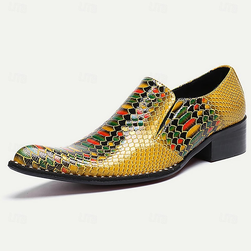 Men's Colorful Mosaic Snakeskin Print Leather Loafers with Low Block Heel3