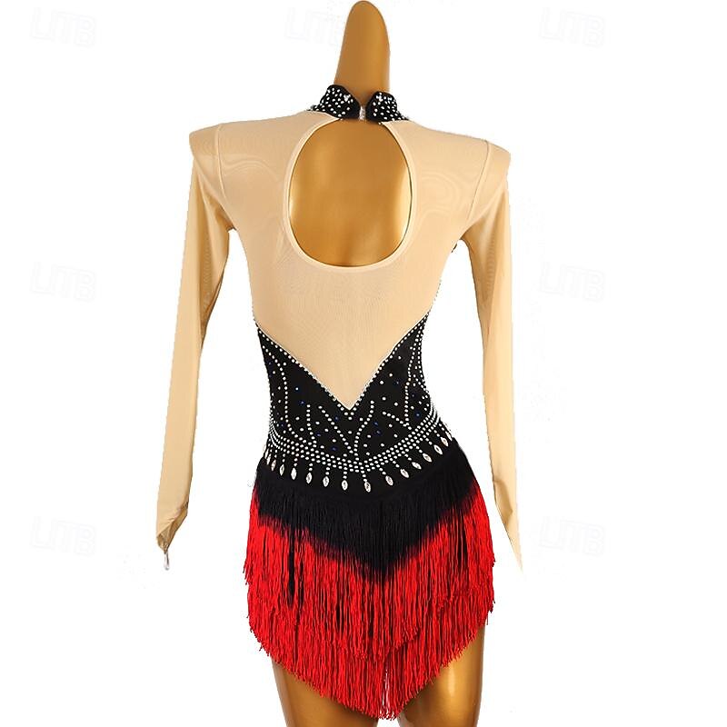 Figure Skating Dress Women's Girls' Ice Skating Dress Black Patchwork Open Back Mesh Spandex High Elasticity Training Practice Professional Skating Wear Classic Crystal / Rhinestone Long Sleeve Ice3