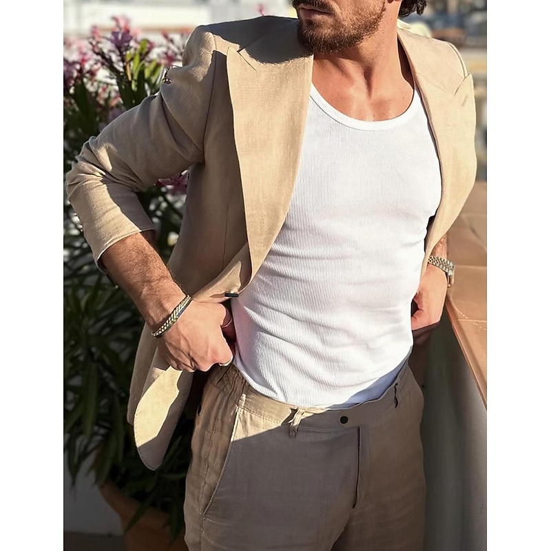 Men's Wedding Linen Suits Khaki Solid Colored Tailored Fit 2 Piece Single Breasted One-button3