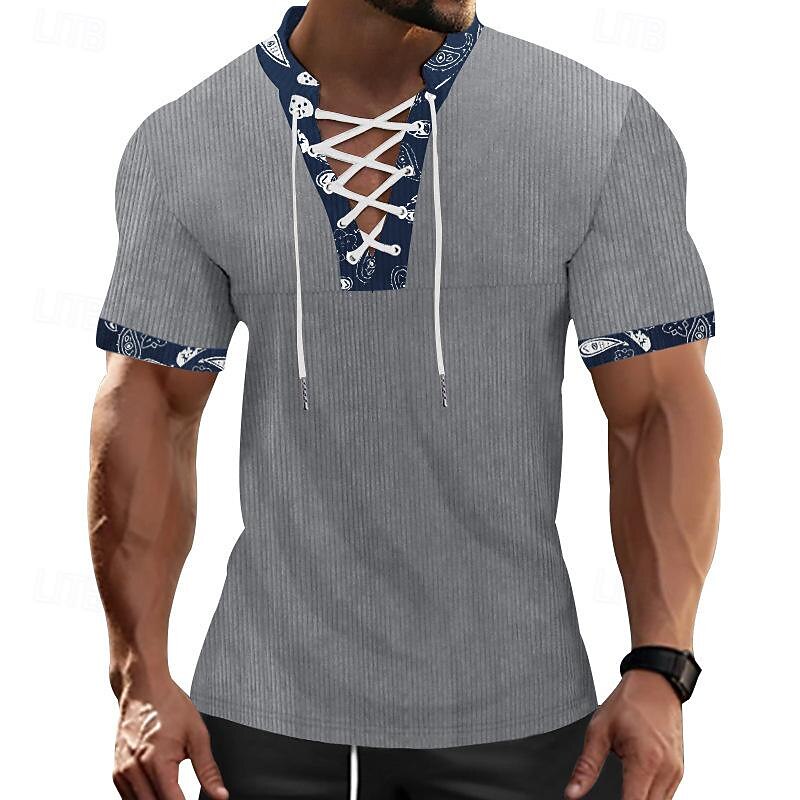 Men's T Shirt Corduroy Shirt Tee Short Sleeve Shirt Short Sleeve V Neck Spring & Summer Color Block Fashion Designer Basic Lace up Patchwork Vacation Street Going out Black Brown Khaki Top Tee for Men2