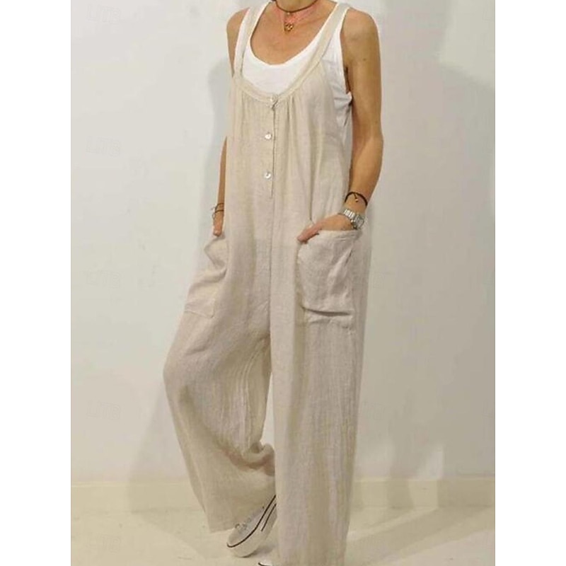 Women's Normal Overall Dungarees Streetwear Solid Color Sleeveless V Neck Buttons Pocket Street Daily Regular Fit Black Khaki Summer2