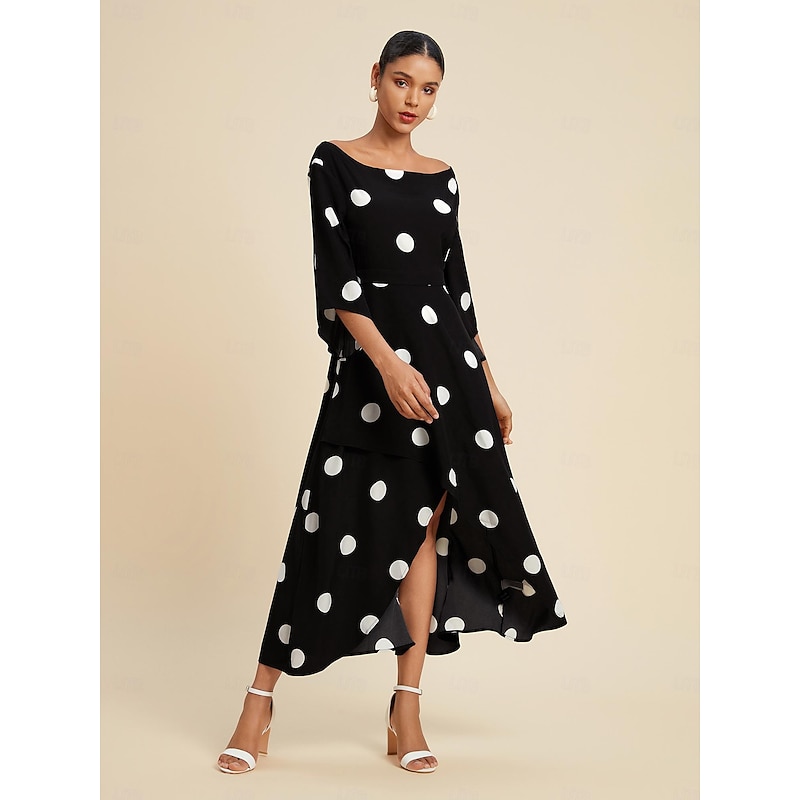 Women's Elegant Dress Midi Dress Black 3/4 Length Sleeve Polka dot print Asymetric Hem Off the Shoulder Spring & Summer Off Shoulder Elegant Romantic S M L