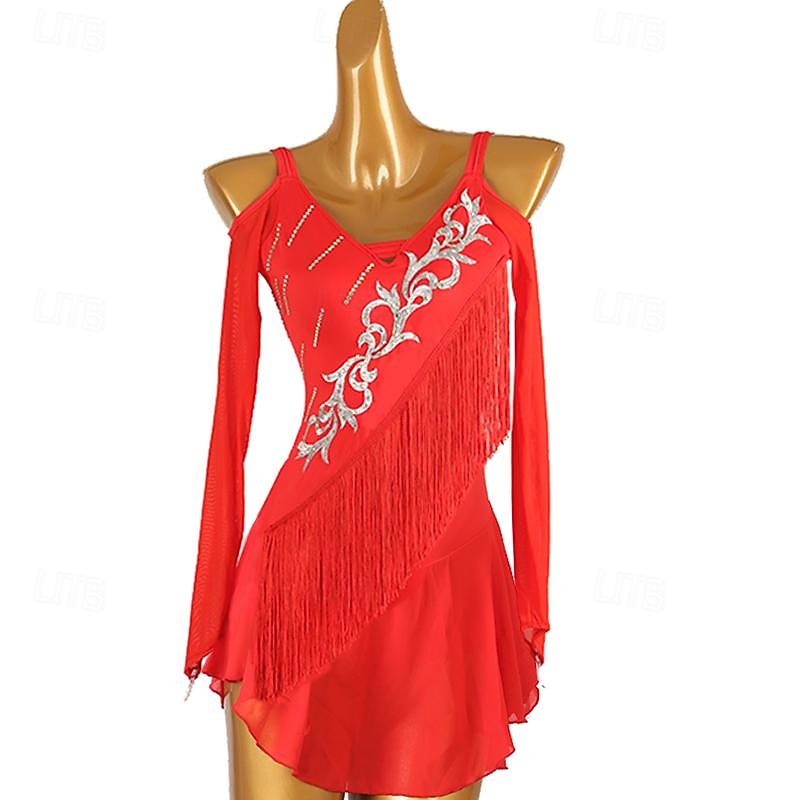 Figure Skating Dress Women's Girls' Ice Skating Dress Red Patchwork Tassel Mesh Spandex High Elasticity Training Practice Professional Skating Wear Classic Crystal / Rhinestone Long Sleeve Ice
