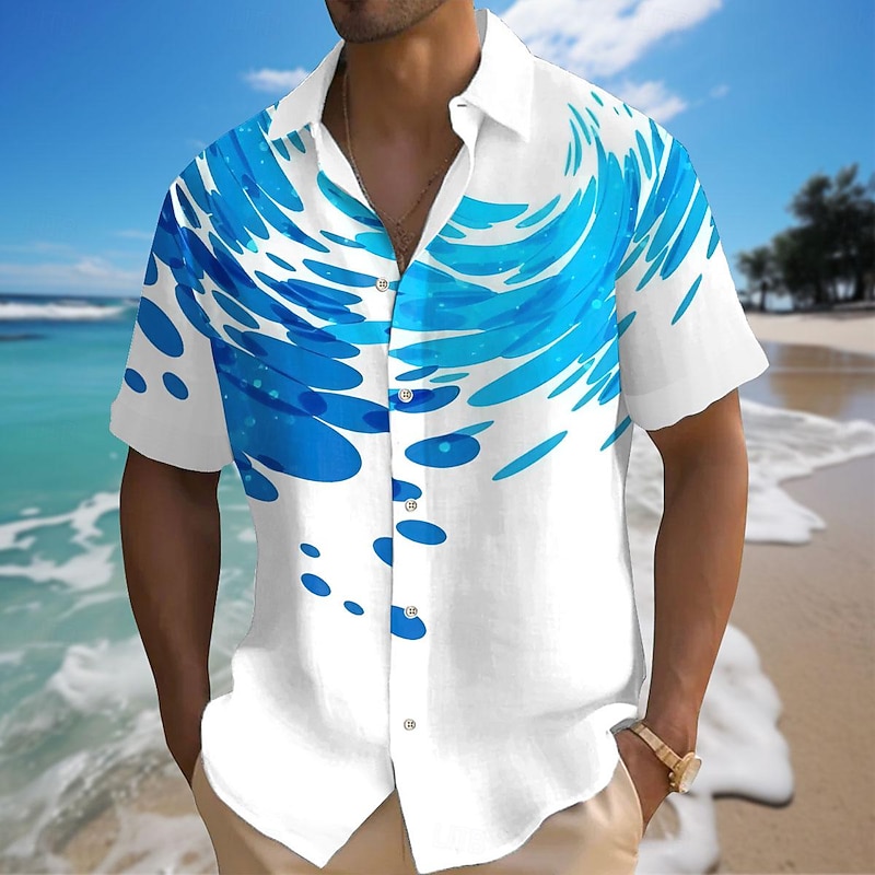 Men's Waves Ocean Button Up Shirt Short Sleeve Hawaiian Casual Resort Outdoor Casual Holiday Summer Spring Turndown Print White