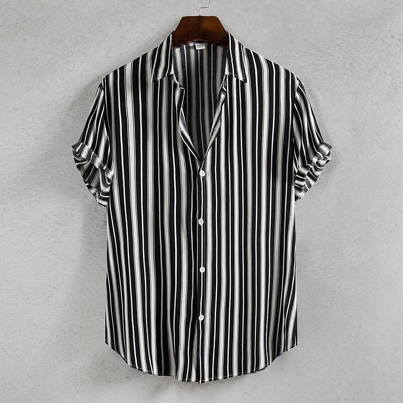 Men's Shirt Summer Shirt Casual Shirt Beach Shirt Button Up Shirt Striped Shirts Black Navy Blue Short Sleeve Stripes Turndown Vacation Hawaiian Clothing Apparel Cotton Cotton Blend Fashion Casual