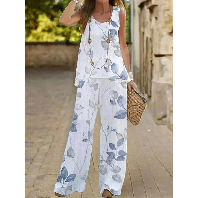 Women's Fashion Tank Top Pants Sets Wide Leg Pants Trousers Sleeveless Round Neck Floral Print Holiday Weekend White Ivory Light Green Summer Regular Fit