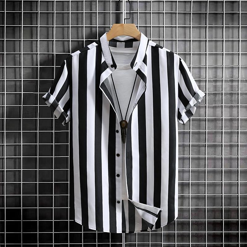 Men's Shirt Chinese Collar Shirt Mandarin Collar Shirt Summer Shirt Casual Shirt Beach Shirt Black Short Sleeve Stripes Grandad Collar Band Collar Vacation Hawaiian Clothing Apparel Polyester Fashion2