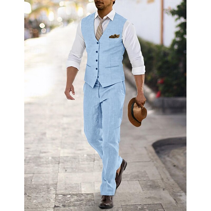 Men's Wedding Linen Suits V Neck pea green White Solid Colored Tailored Fit 2 Piece2
