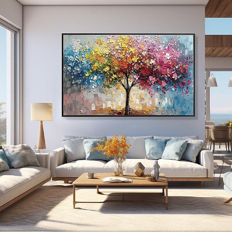 Colorful Trees Oil Painting on Canvas Large hand painted Wall Art Abstract Forest oil painting Wall Art landscape oil Painting Modern floral tree paintings for Living Room Home Decor Gift