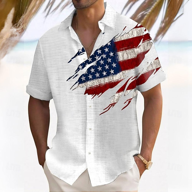 American Independence Day Men's American Flag National Flag Button Up Shirt Short Sleeve Hawaiian Casual Resort Outdoor Casual Holiday Summer Spring Turndown Print White Red