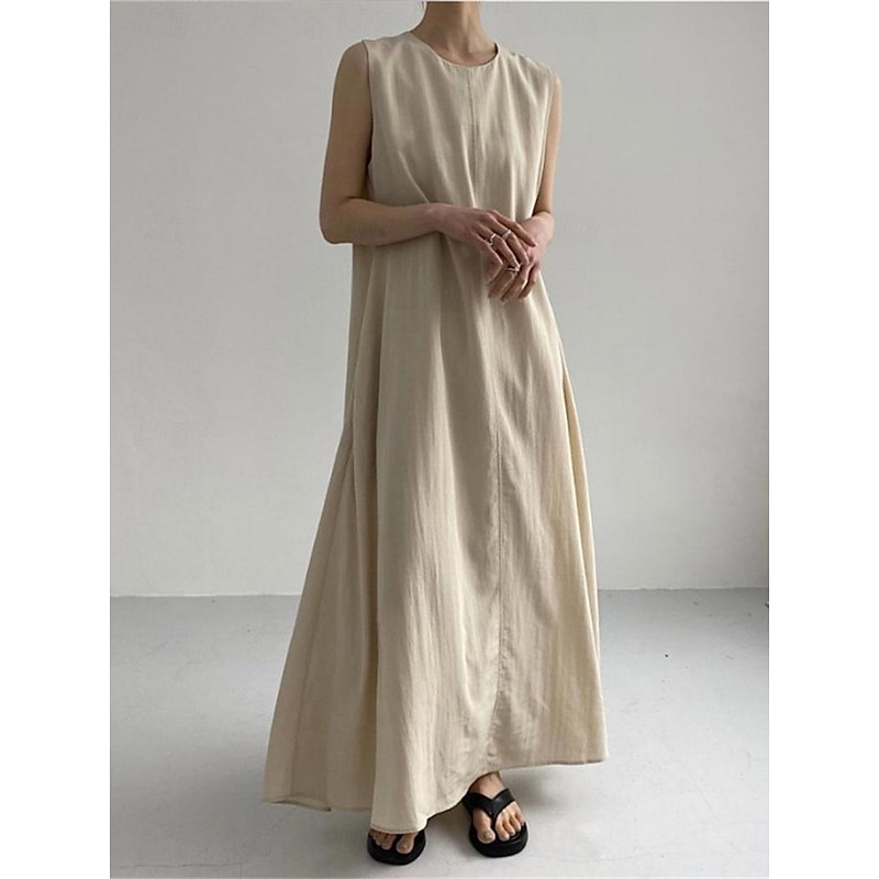 Women's White Navy Blue Blue Summer Spring Maxi Dress Cotton Linen Dresses Casual Dress Tank Dress Basic Modern Daily Weekend Loose Fit Plain Crew Neck Shirt Collar4