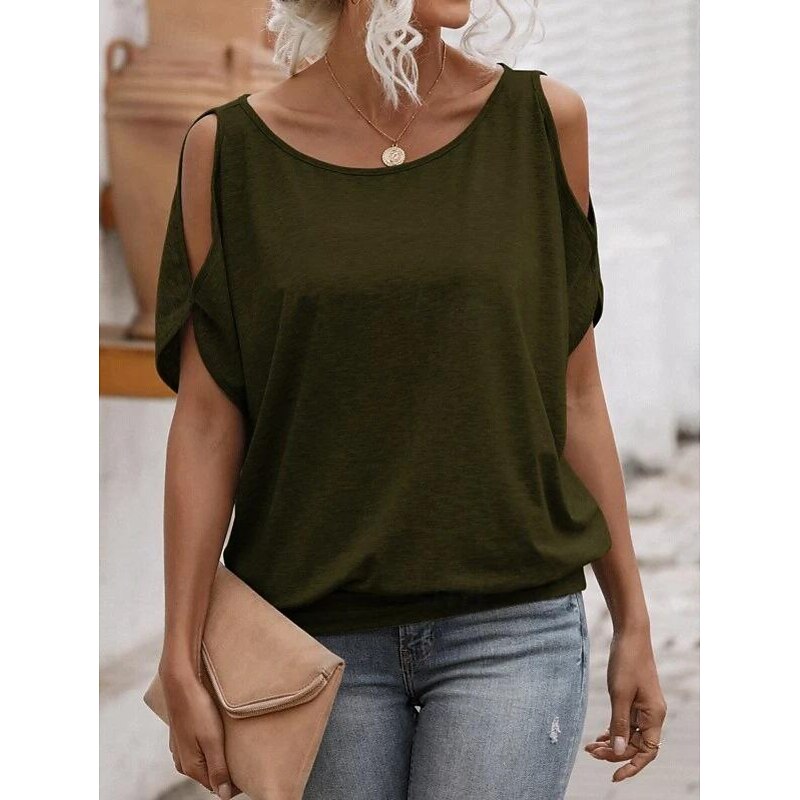 Women's T Shirt Plain Fashion Short Sleeve Round Neck Regular Tops Daily Weekend Cut Out White Pink Green Gray Summer2