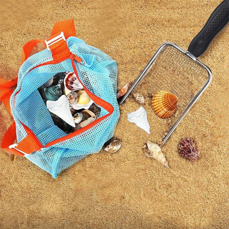 Beach Mesh Shovel With Mesh Beach Bag For Shell Collecting Filter Sand Scooper For Picking Up Shells Shark Tooth Sifter Dipper Beach Toy Storage3