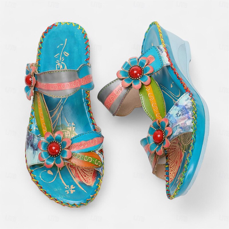 Women's Colorful Floral Wedge Sandals with Hand-Painted Leather and Embossed Details, Bohemian Open Toe Summer Slides for Casual Outfits and Vacation