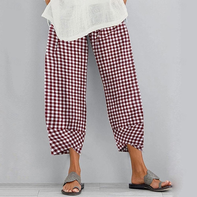 Women's Pants Trousers Casual Daily Ankle-Length Plaid Side Pockets Breathability Comfortable Inelastic Going out Weekend Black Red Blue Spring & Summer Regular Fit