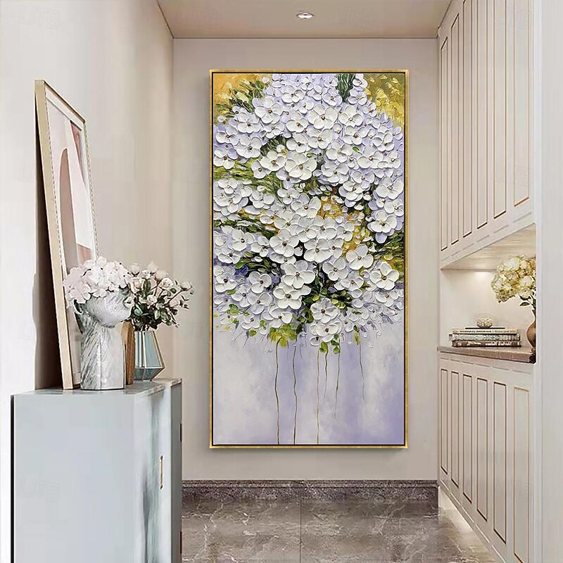 Handmade Oil Painting Canvas Wall Art Decoration Modern Abstract 3D Knife Freshness White Flower for Home Hallway Decor Rolled Frameless Unstretched Painting
