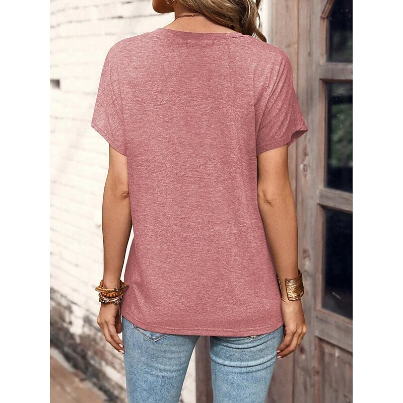 Women's T Shirt Plain Fashion Short Sleeve Round Neck Regular Tops Daily Weekend Buttons Black Pink Blue Brown Green Summer4