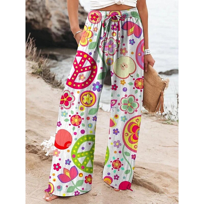 Women's Wide Leg Pants Trousers Pocket High Cut Floral High Waist Long Black Summer3