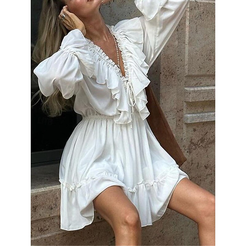Women's White Dress Mini Dress Ruffle Date Vacation Streetwear Casual V Neck Long Sleeve White Color3