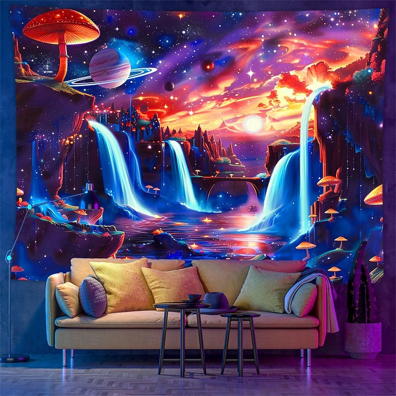 Blacklight Tapestry UV Reactive Glow in the Dark Glow Party Neon Galaxy Universe Mushrooms Psychedelic Trippy Misty Hanging Tapestry Wall Art Mural for Living 6