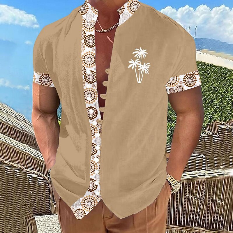 Men's Color Block Palm Tree Ethnic Summer Hawaiian Shirt Aloha Shirt Printed Shirts Short Sleeves Shirt Standing Collar Hawaiian Resort Vacation Holiday Daily Wear Blue Brown S M L2