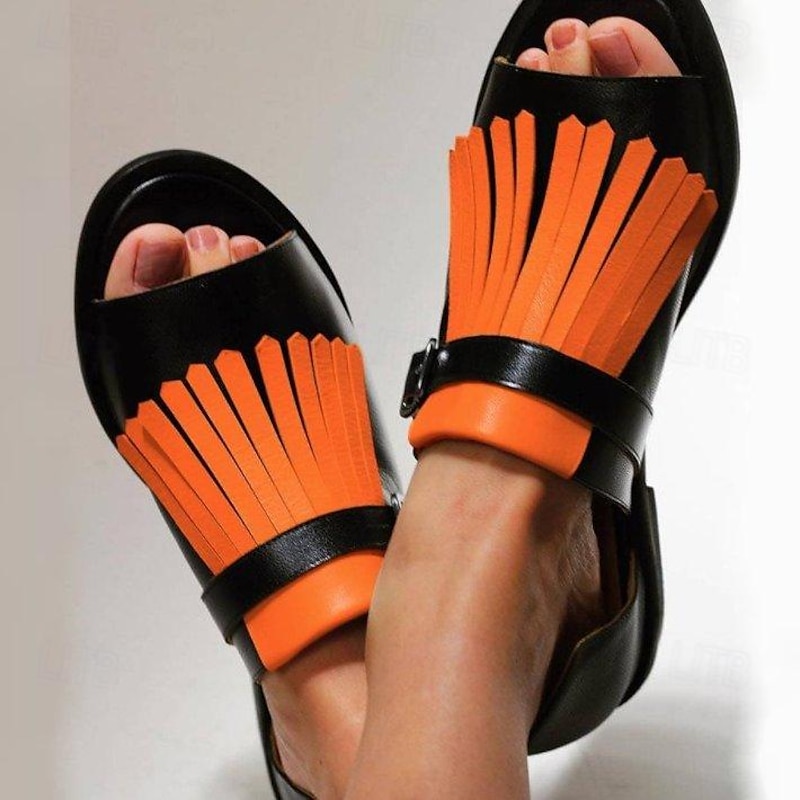 Women's Black and Beige Fringe Sandals – Open-Toe Faux Leather Flats with Adjustable Buckle for Casual and Summer Outfits4