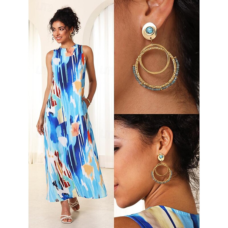 Women's Turquoise Beaded Hoop Earrings - Elegant Gold-Tone Drop Dangle Jewelry3