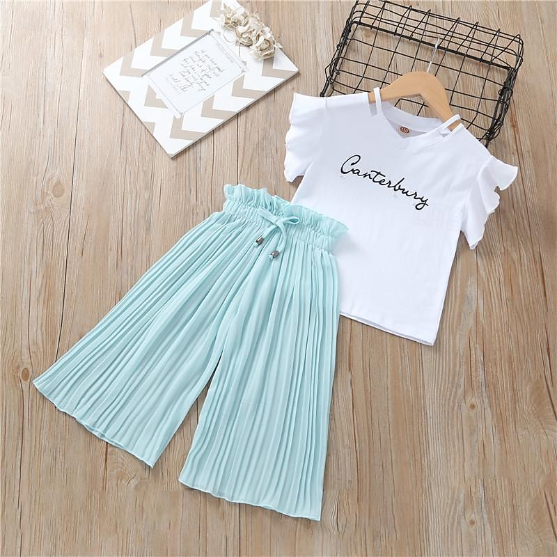 Summer Girls Clothing Sets Kids T-shirt +Wide Leg Pants Suits Children Short Sleeve Baby Girl Clothes2