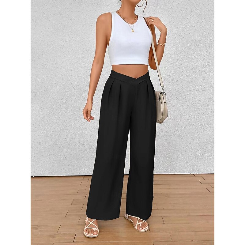 Women's Wide Leg Pants Trousers Fashion Long Plain Wide Leg Breathability Comfortable Micro-elastic Daily Wear Black Khaki Spring & Summer Regular Fit3