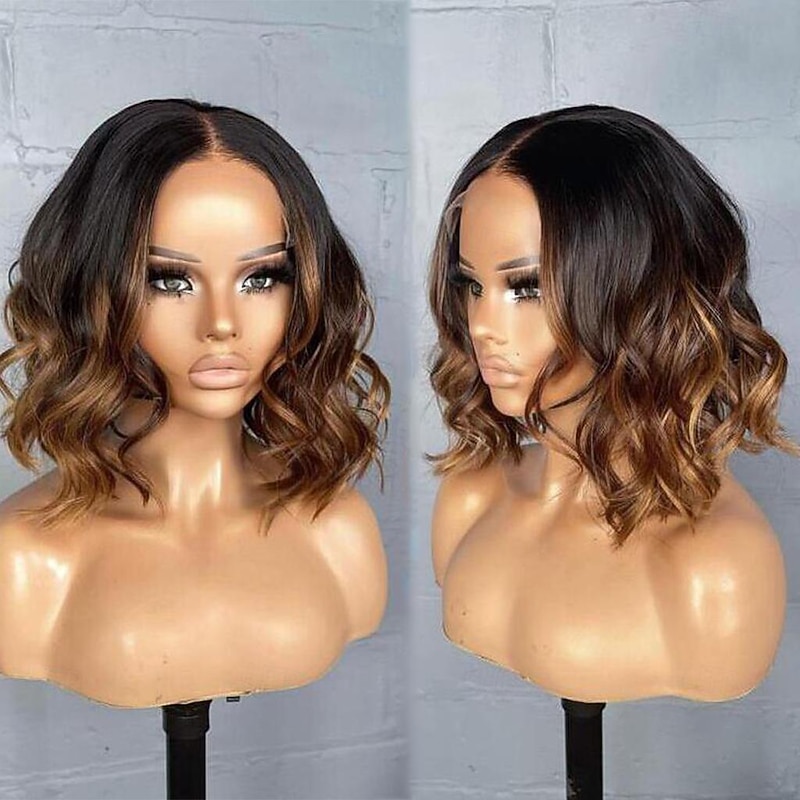 Remy Human Hair 13x4 Lace Front Wig Short Bob Brazilian Hair Wavy Brown Wig 130% 150% Density with Baby Hair Ombre Hair 100% Virgin Pre-Plucked For Women Short Human Hair Lace Wig