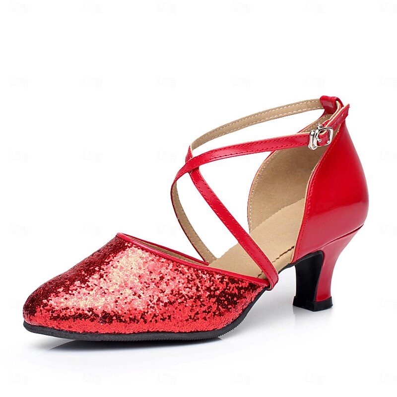 Women's Modern Dance Shoes Ballroom Dance Waltz Square Dance Plus Size Heel Cuban Heel Buckle Adults' Black Silver Red2